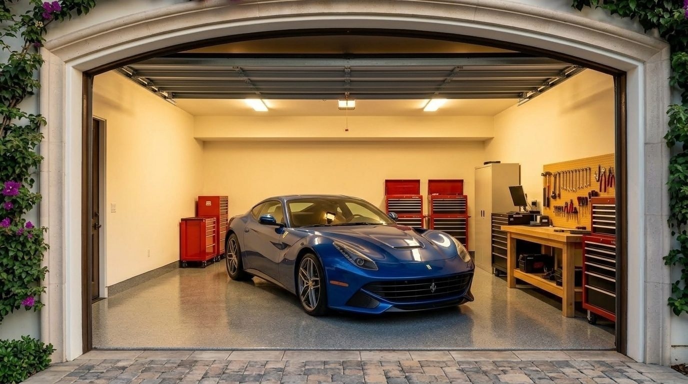 Dylan Harper Garage Door Service Interior View of Custom Garage Door Overhead and Workshop